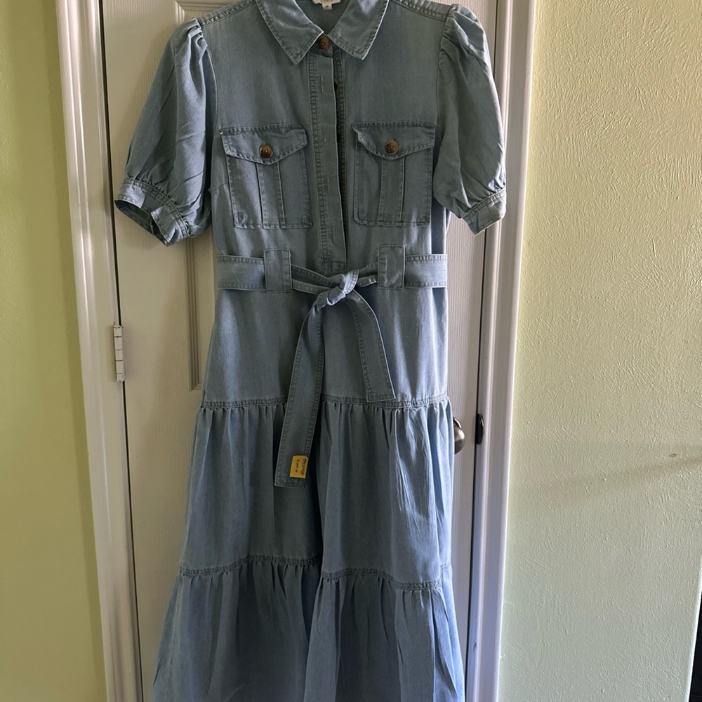 Light Blue Denim Tiered Shirt Dress